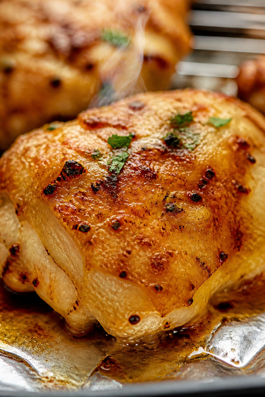 Close-up detail: Melt-in-your-mouth baked chicken thigh fresh from the oven, skin-side up, showcasin