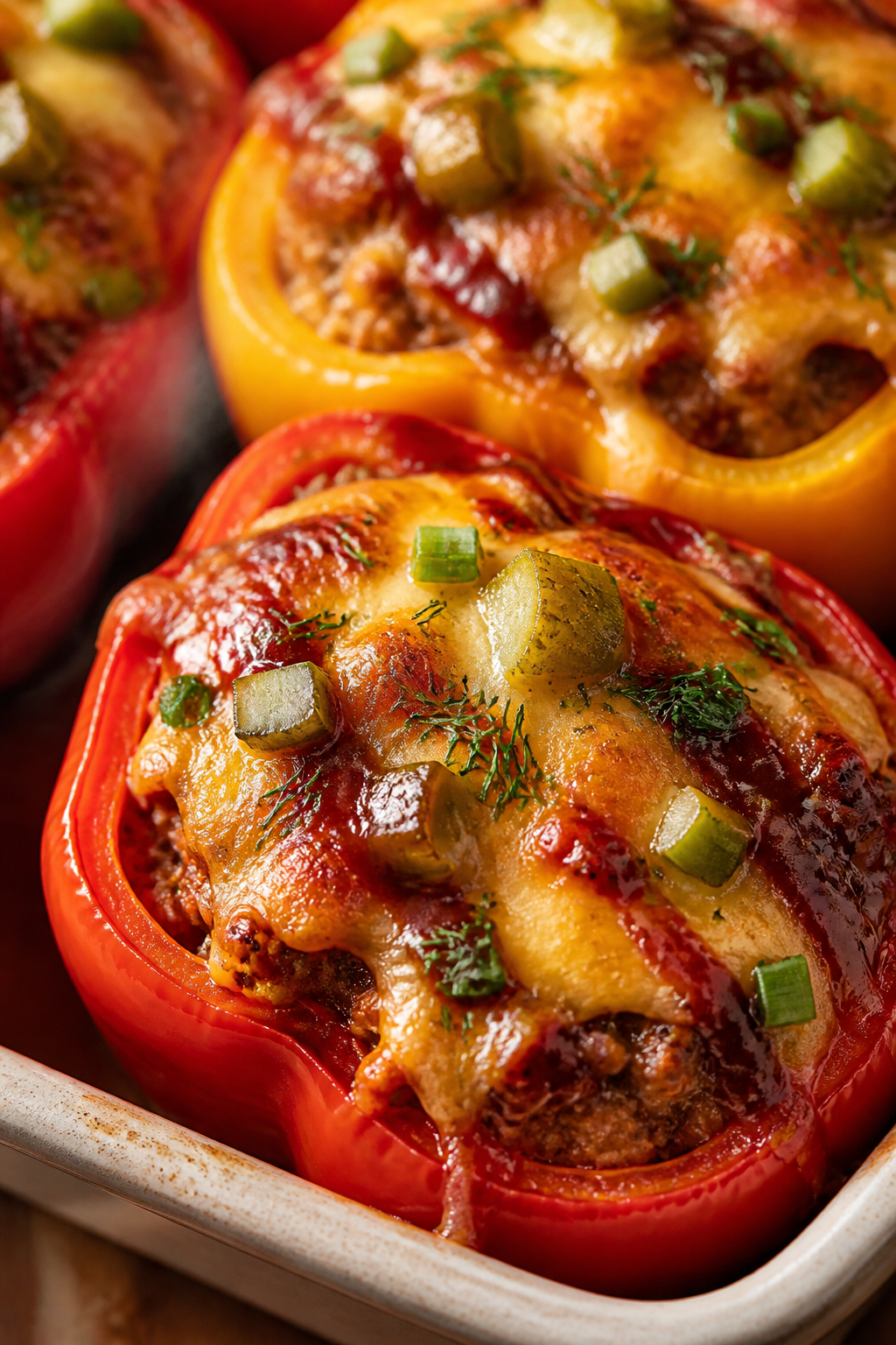Close-up detail: Melty cheddar crowning a BBQ bacon cheeseburger–stuffed pepper fresh from the ove