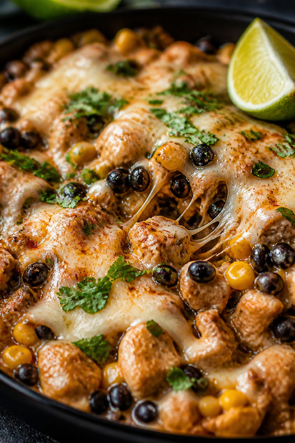 Close-up detail, melty-cheese finish: Ultra-close macro of the finished skillet right after the lime