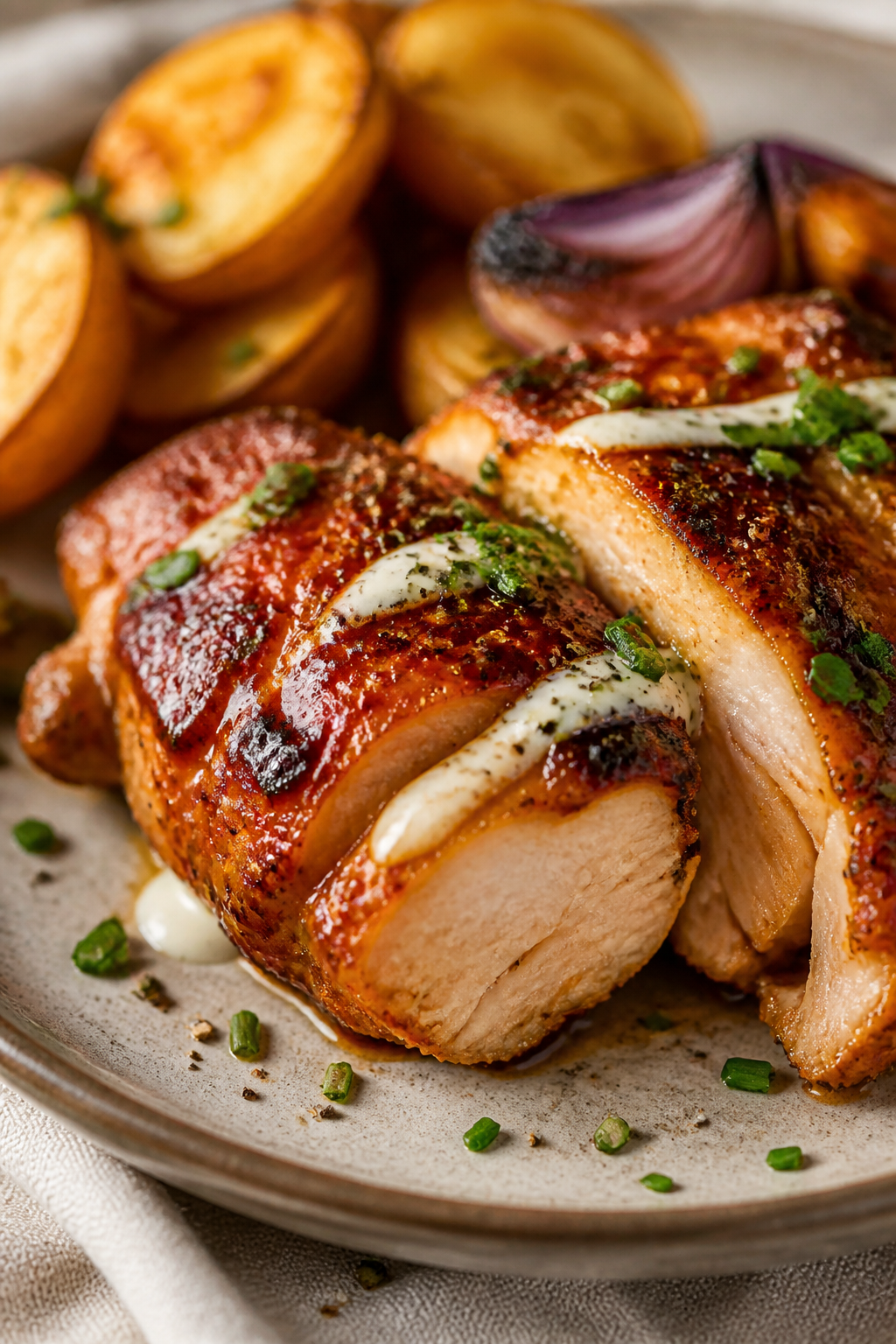 Close-up detail of a sliced chicken thigh on a plate, showing juicy interior and sticky BBQ-ranch co