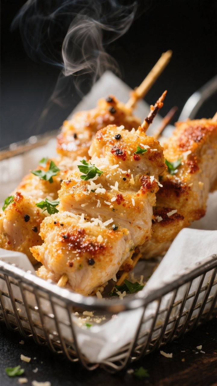 Close-up detail of air-fried garlic parmesan chicken skewers just out of the basket, golden-brown cr