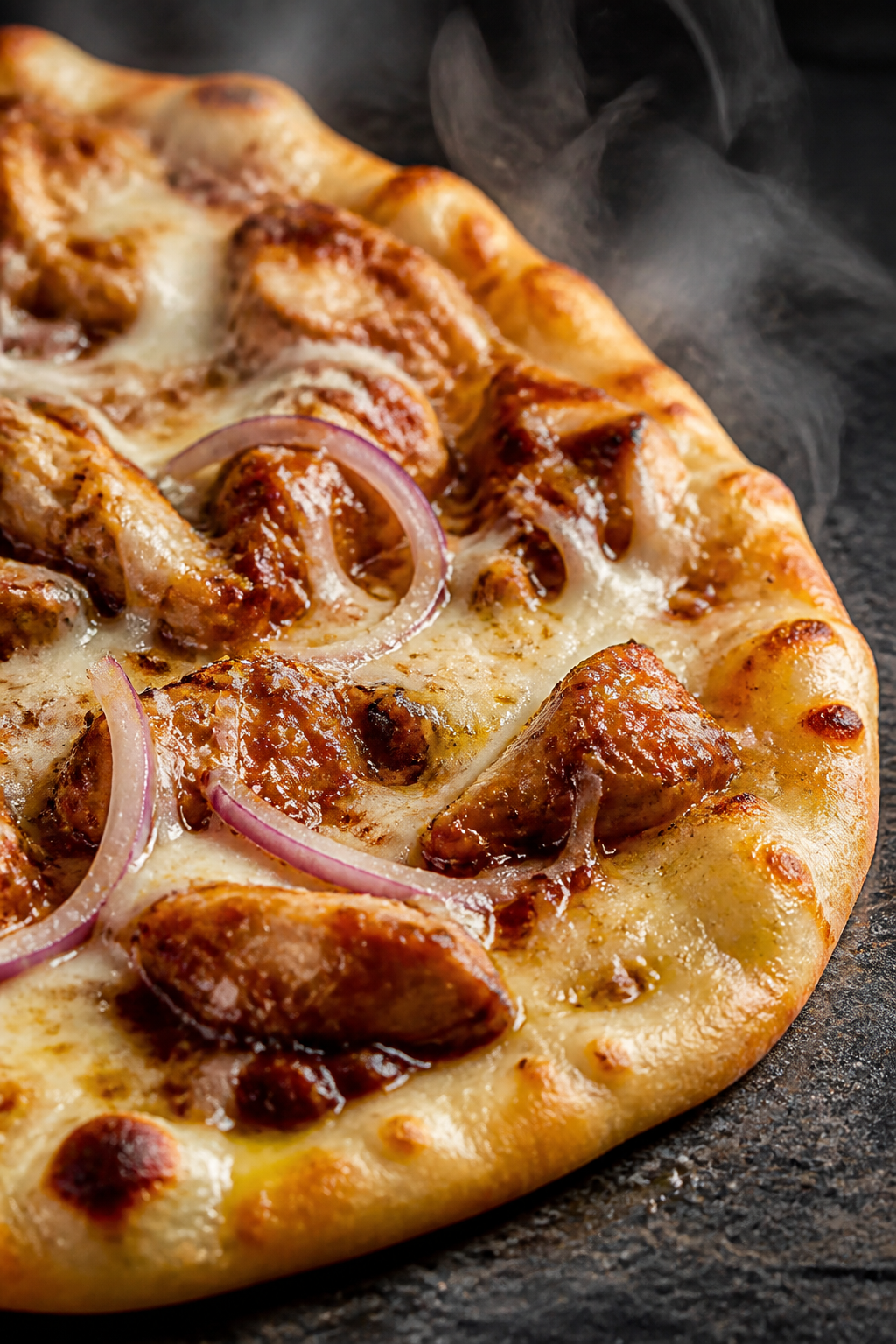 Close-up detail of bubbling BBQ Chicken Garlic Parmesan Flatbread mid-bake: melted low-moisture mozz