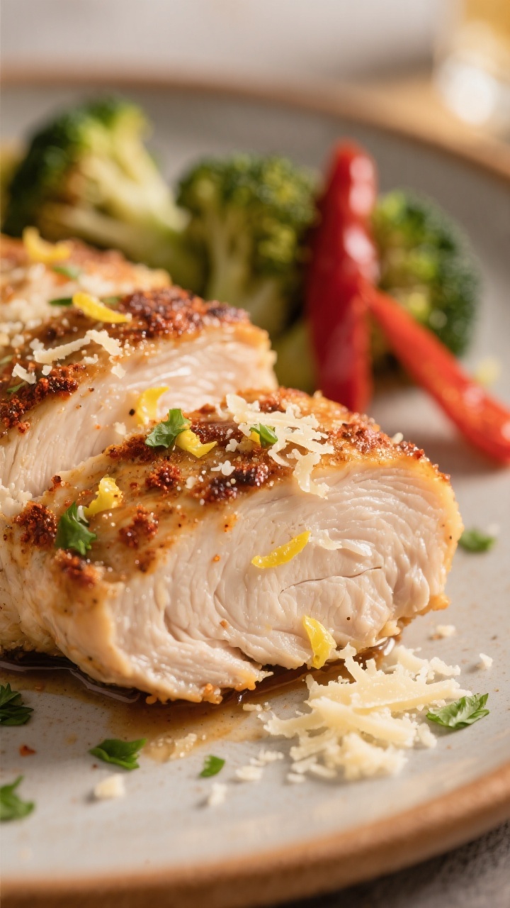 Close-up detail of finished chicken: Tight macro of a juicy, sliced chicken piece at 165°F with a s
