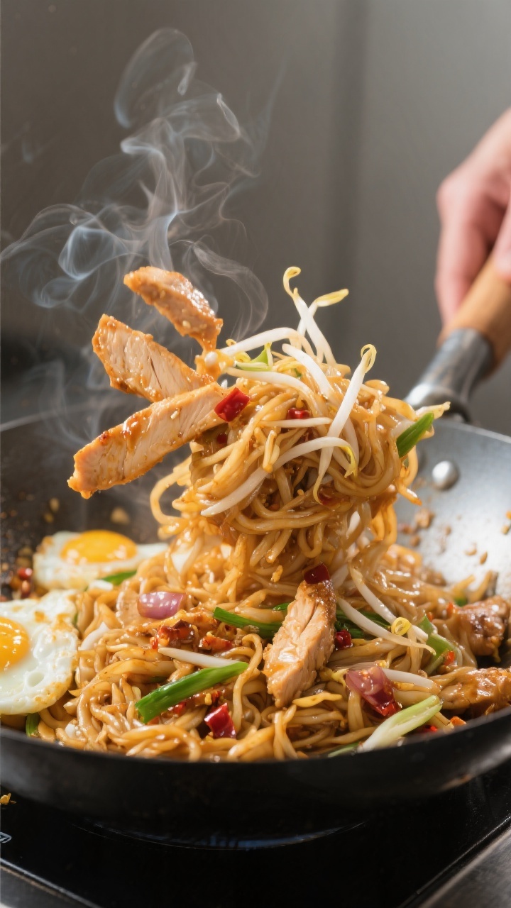 Close-up detail of glossy Chicken Pad Thai noodles mid-toss in a carbon-steel wok: sauce-slick 1/4-i