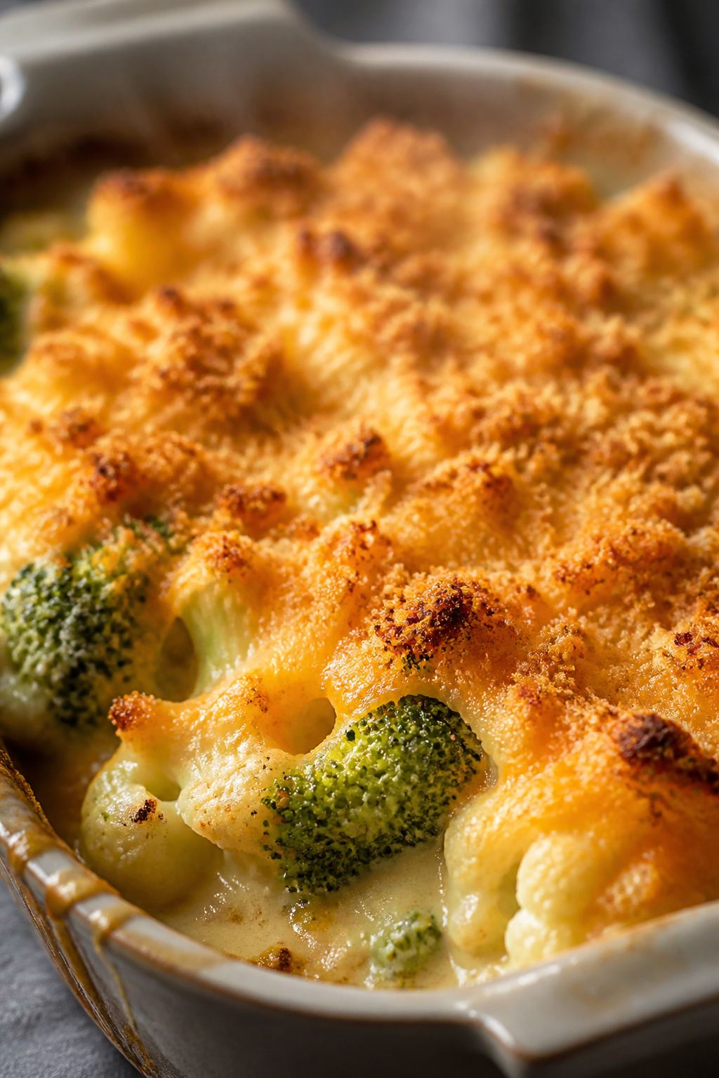 Close-up detail of the baked topping just out of the oven: golden, crunchy panko and Parmesan crust 
