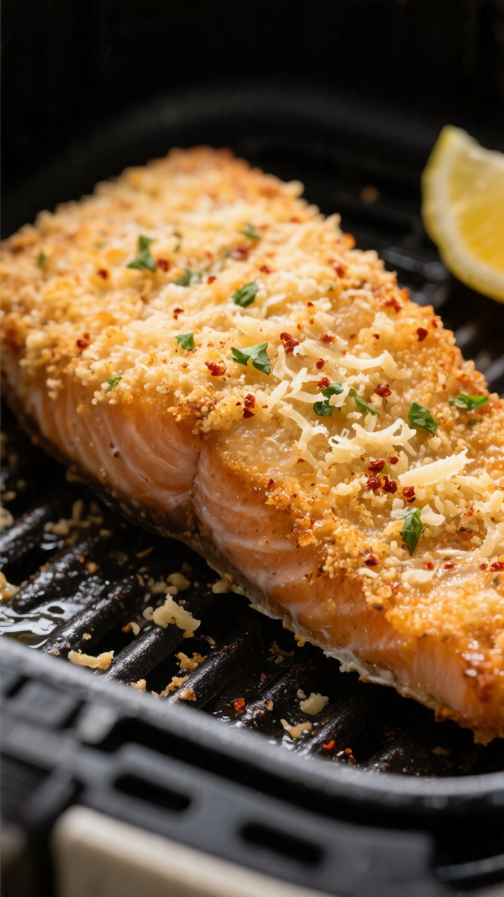 Close-up detail: Parmesan-crusted salmon just out of the air fryer, golden-brown, shattering crust w