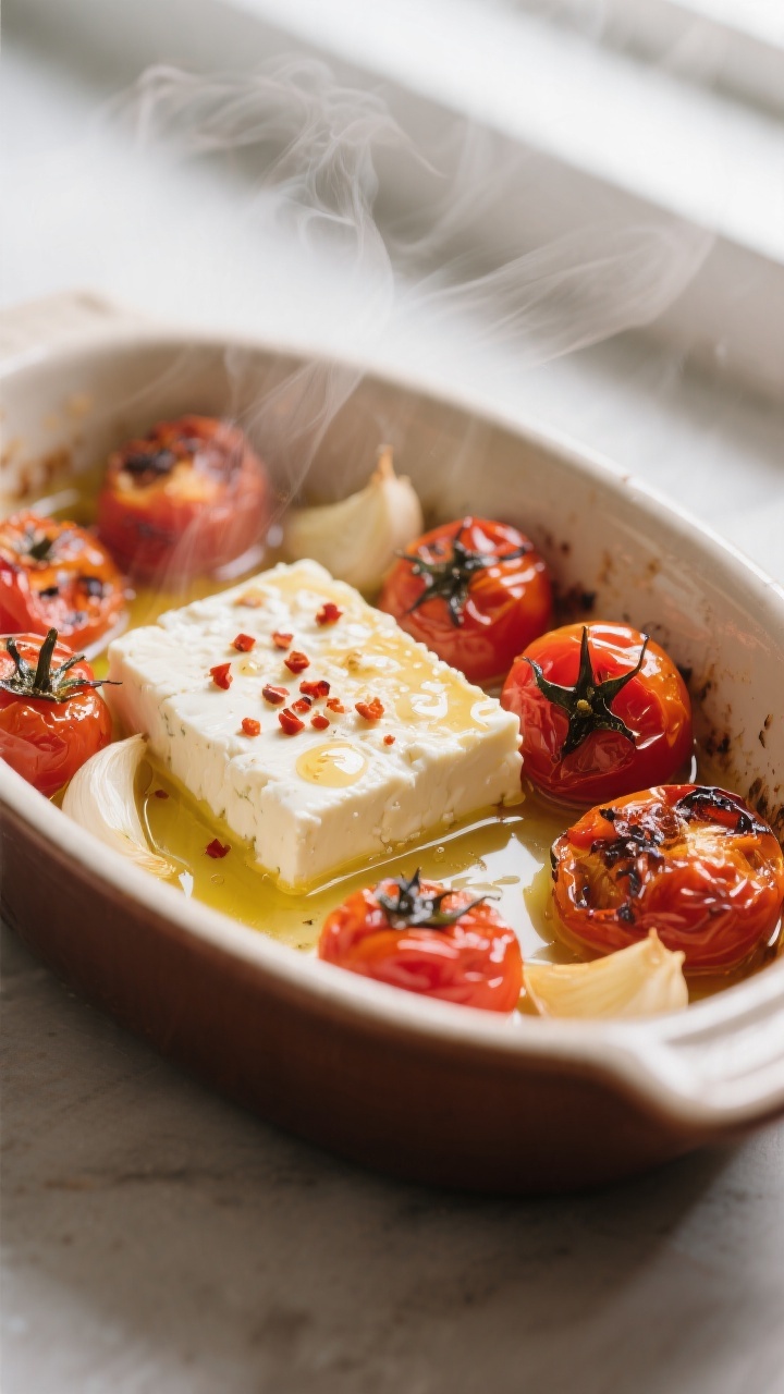 Close-up detail: Roasted cherry tomatoes burst and blistered around a softened, lightly golden-edged