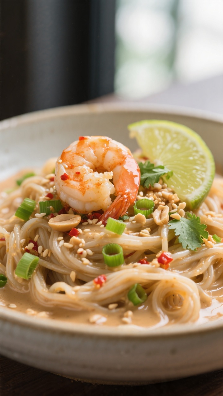 Close-up detail, saucy noodles: Tight macro of tangled rice noodles lacquered in creamy peanut-lime-