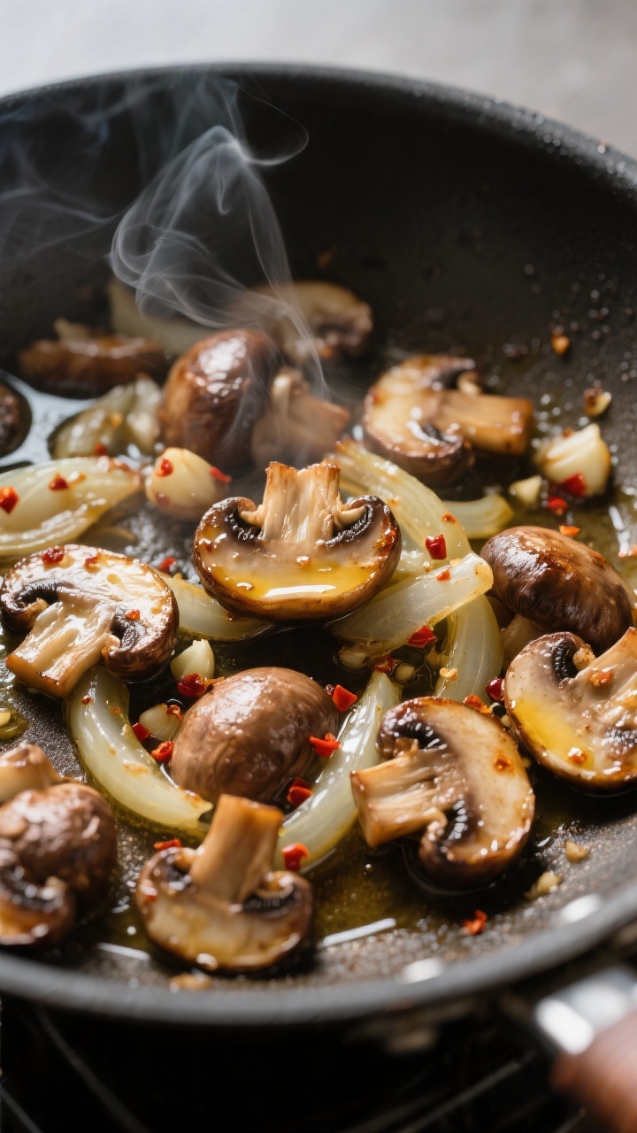 Close-up detail: Sautéed cremini and baby bella mushrooms in a wide skillet at medium-high heat, de