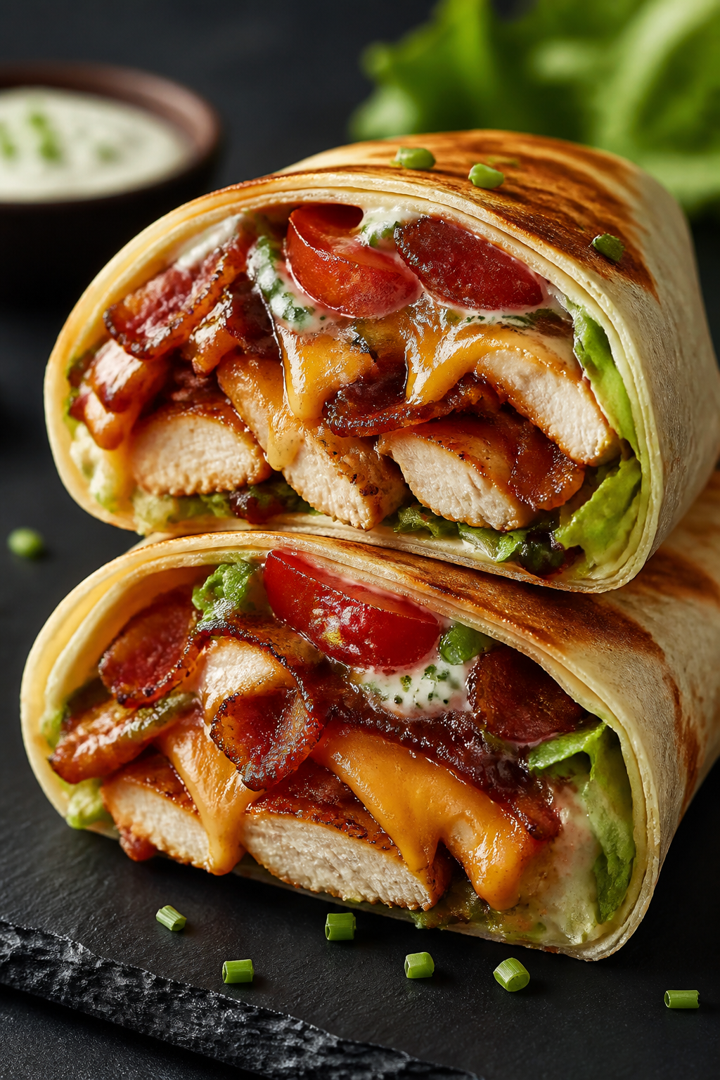 Close-up detail: Sear-kissed BBQ bacon ranch chicken wrap sliced on the bias, showing glistening BBQ