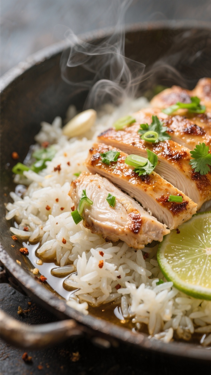 Close-up detail: Seared garlic-lime chicken sliced and fanned over fluffy jasmine rice in the pan, g