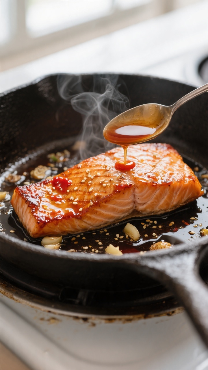 Close-up detail: Seared salmon fillet in a skillet, mid-glaze, with glossy honey-soy sauce bubbling 