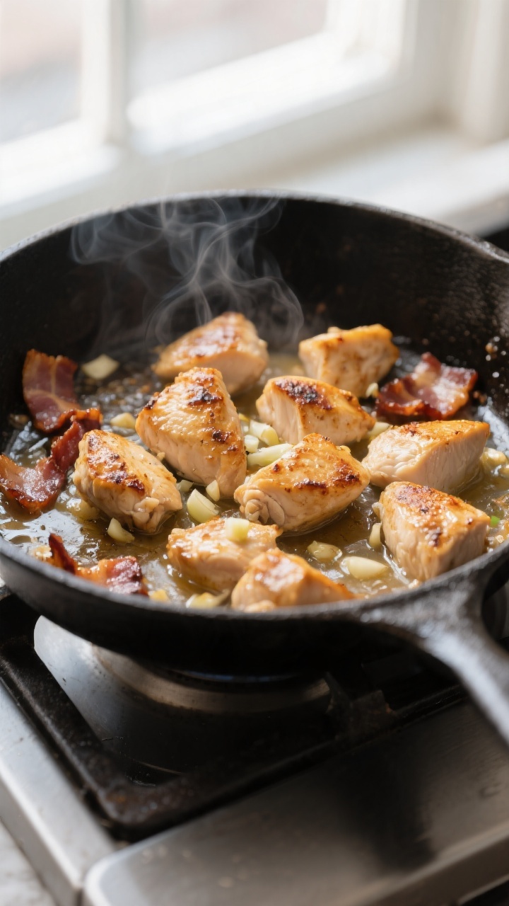 Close-up detail: Searing bite-size chicken in a skillet after crisped bacon has been removed—golde