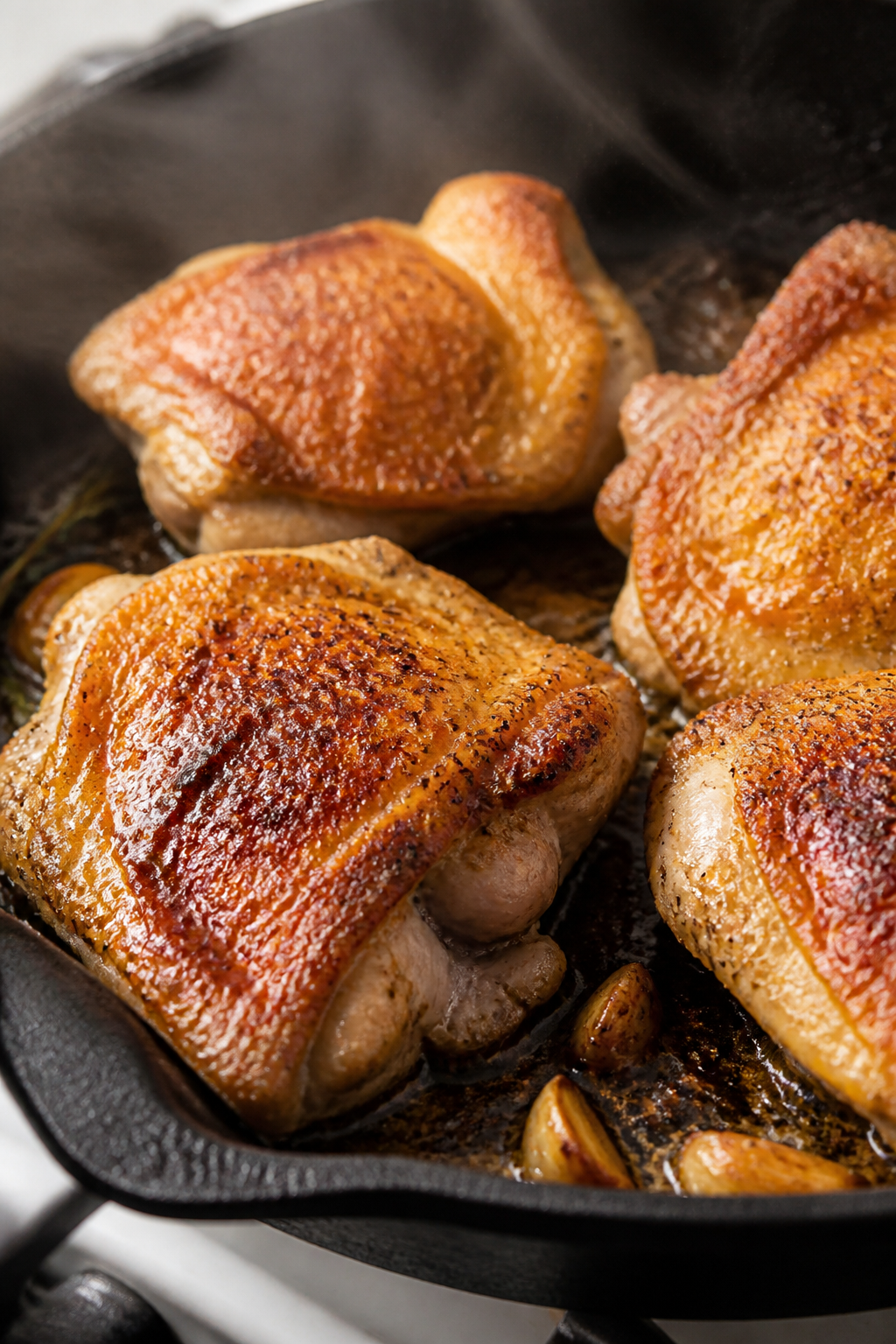 Close-up detail: Searing chicken thighs skin-side down in a heavy skillet, deeply golden, crackly sk