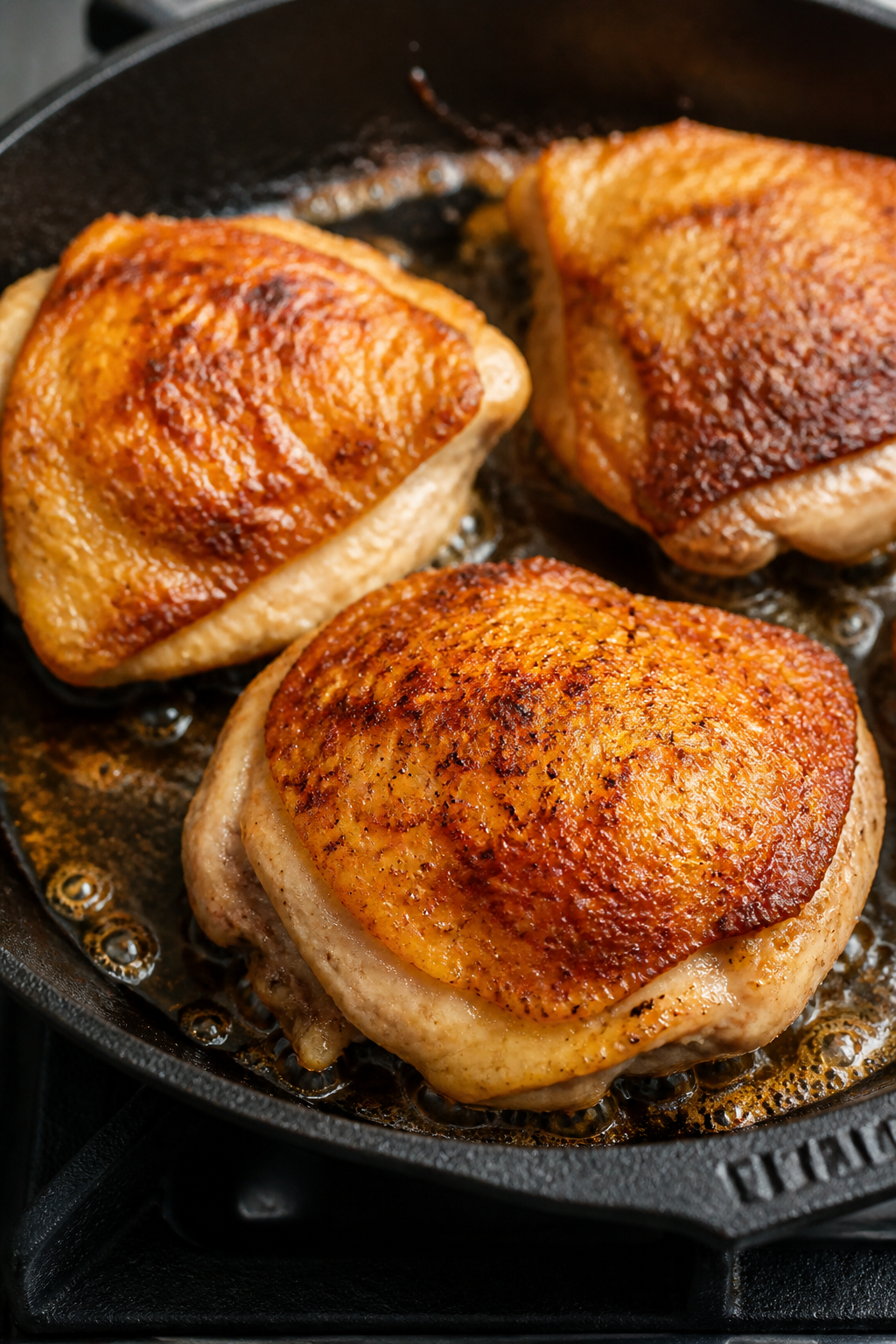 Close-up detail: Searing chicken thighs skin-side down in a cast-iron skillet, golden-brown, blister