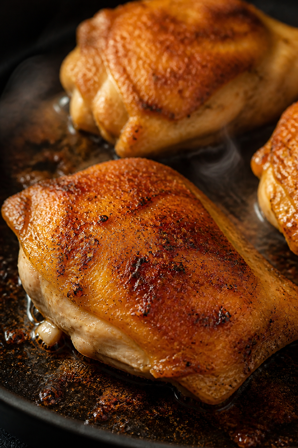 Close-up detail: Searing chicken thighs skin-side down in a large skillet, golden-brown, crackling, 