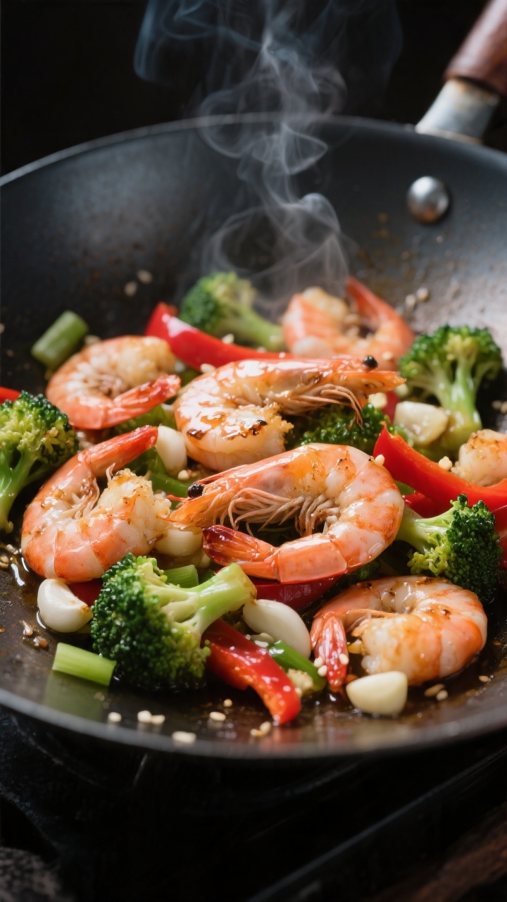 Close-up detail: Searing garlic chili shrimp in a carbon steel wok over high heat, shrimp just turne