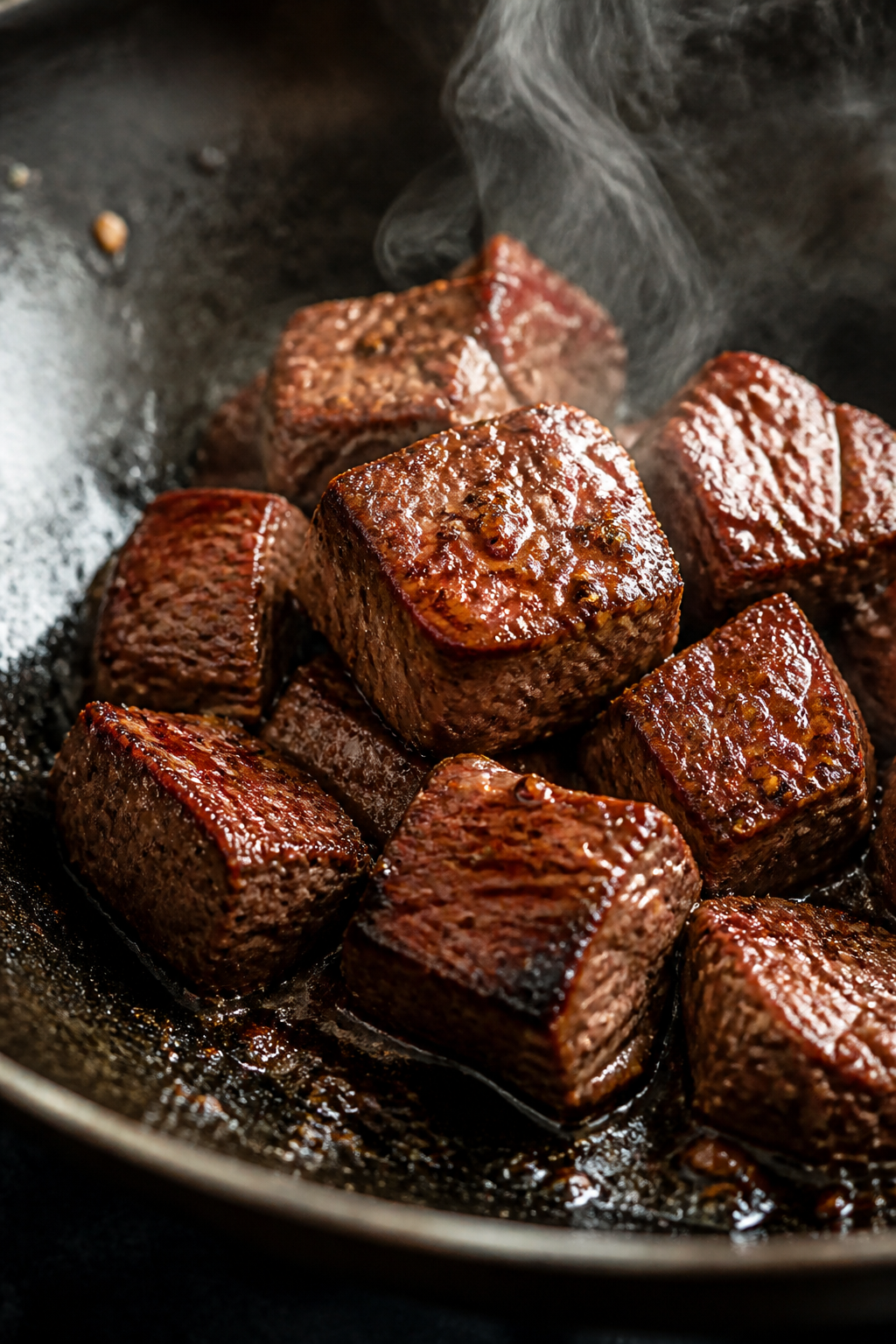 Close-up detail: Searing hibachi steak cubes in a sizzling wok, deeply browned edges with a glossy b