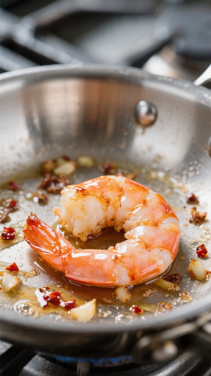 Close-up detail: Searing honey-garlic shrimp in a stainless-steel skillet, shrimp just turned pink a
