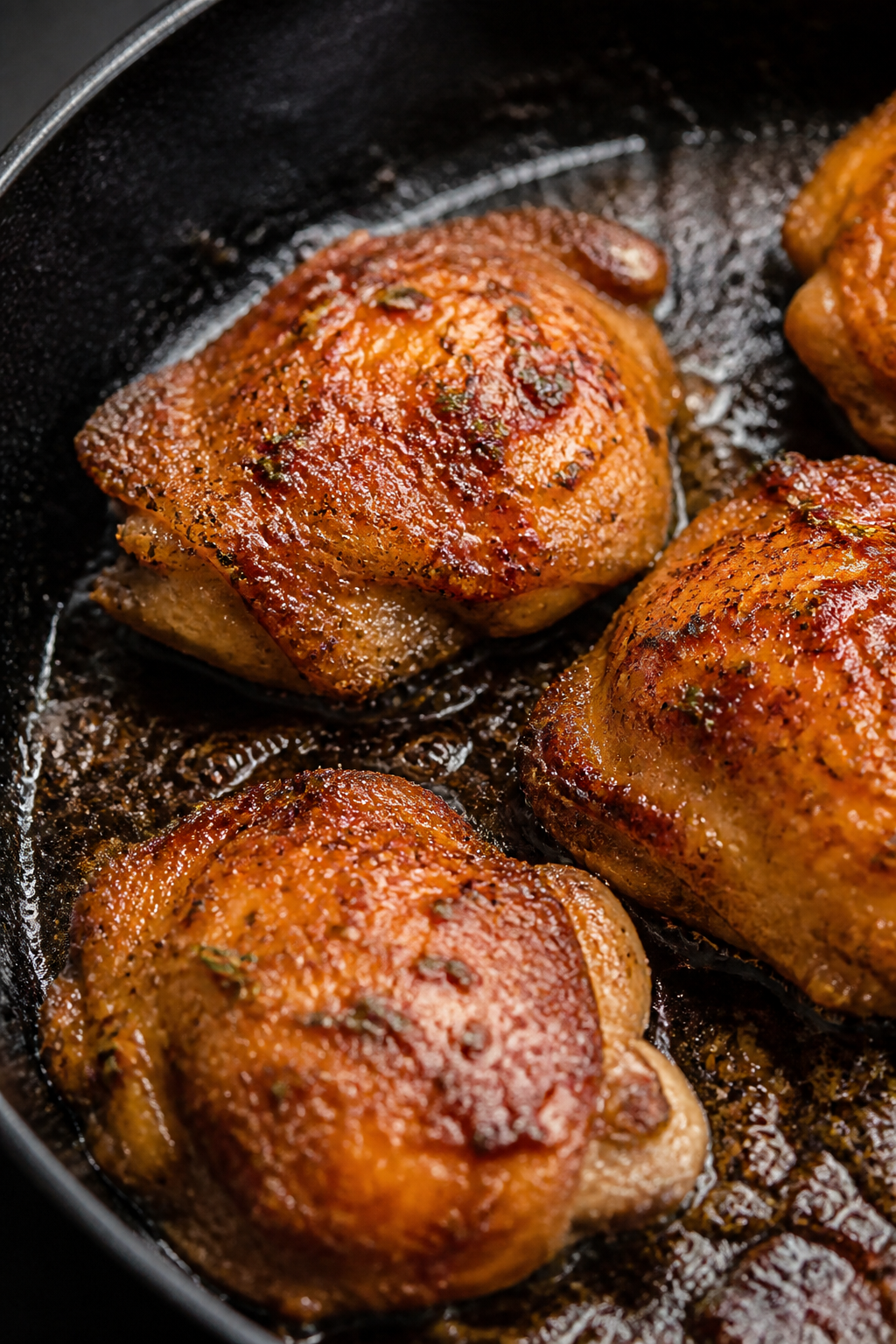 Close-up detail: Searing maple Dijon chicken thighs skin side down in a large oven-safe skillet, ski