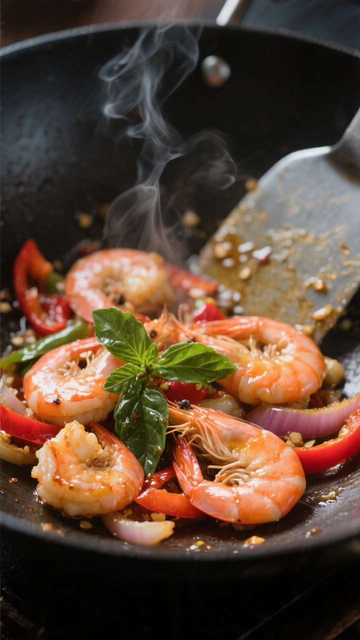Close-up detail: Searing shrimp in a wok mid-cook, glossy sauce beginning to cling, pink-orange shri