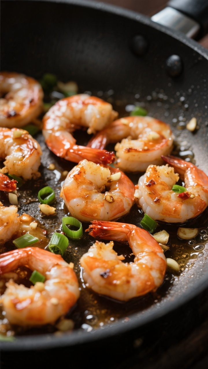 Close-up detail: Searing sweet chili garlic shrimp in a hot skillet right after the flip-and-sauce s