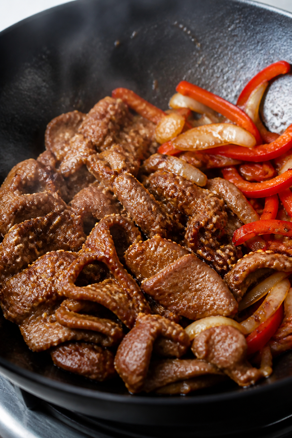 Close-up detail: Searing thin-sliced ribeye for Korean BBQ Beef Noodles in a wok over high heat, sho
