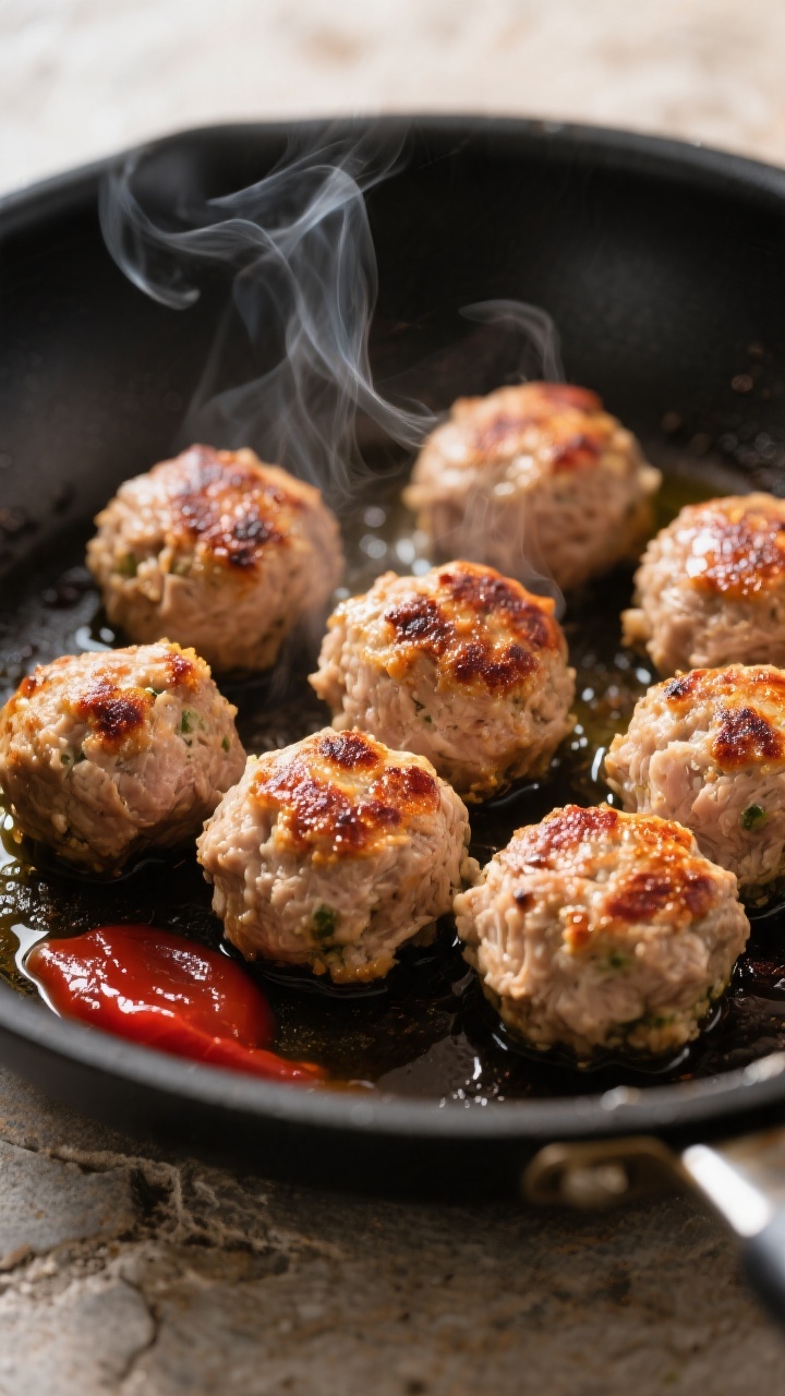 Close-up detail: Searing turkey meatballs in a wide skillet, lightly browned on multiple sides with
