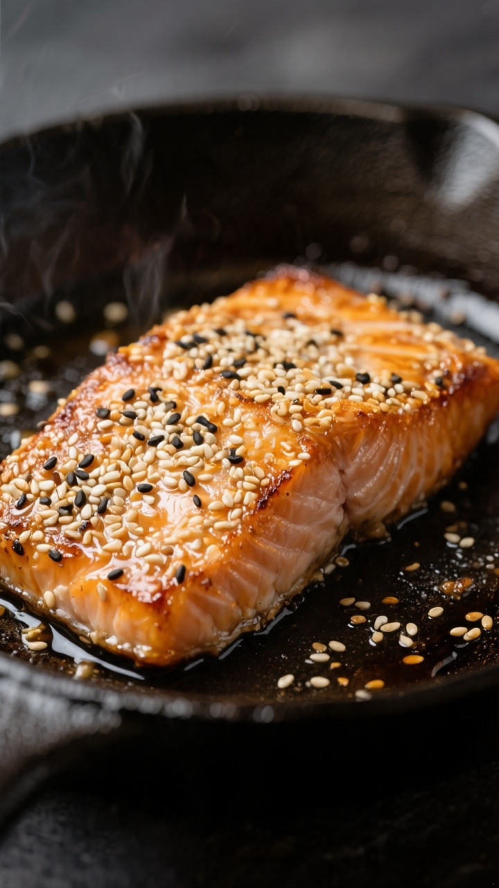 Close-up detail: Sesame-crusted salmon fillet just after the flip in a cast-iron skillet, showing a 