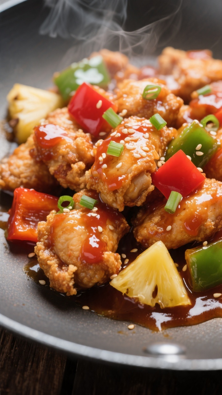 Close-up detail: Shatter-crisp sweet and sour chicken pieces just tossed in a glossy, thickened ketc