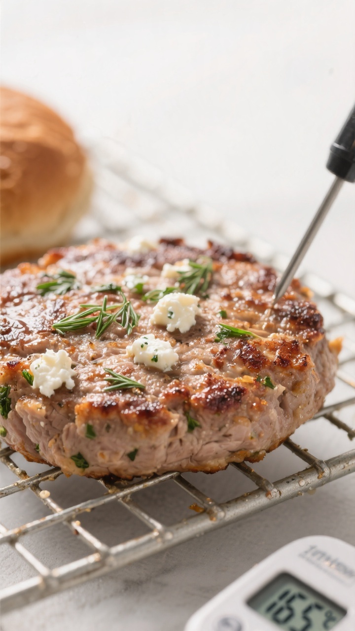 Close-up detail shot: A just-cooked Greek turkey burger patty resting on a wire rack, showing a cris