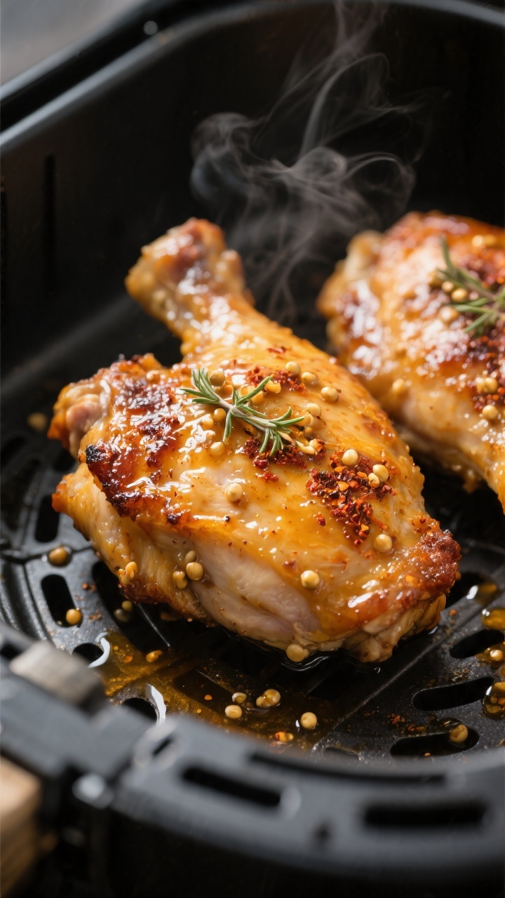 Close-up detail shot: Air fryer honey mustard chicken thighs fresh from the basket at 400°F finishi