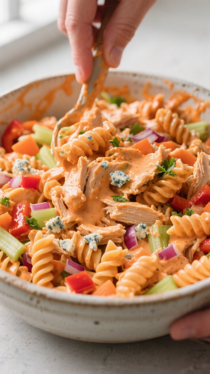 Close-up detail shot: Creamy Buffalo chicken protein pasta salad being gently tossed in a large cera