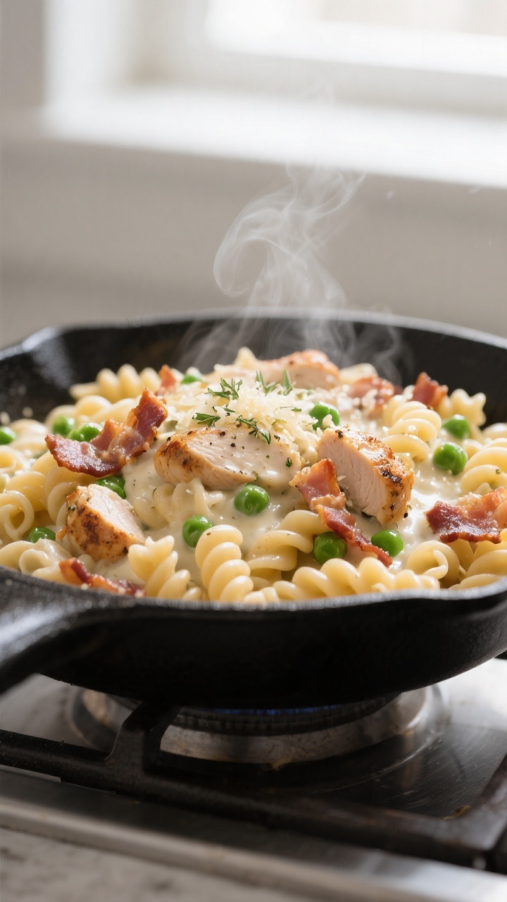 Close-up detail shot: Creamy chicken bacon ranch pasta being tossed in a skillet, showing glossy, si