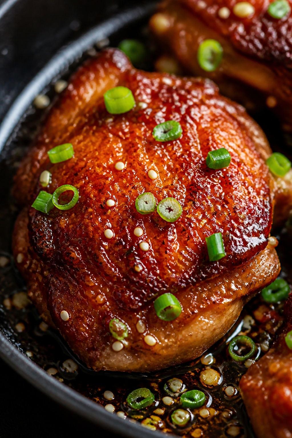 Close-up detail shot: Crispy honey sriracha chicken thigh just out of the oven, skin-side up in a ca