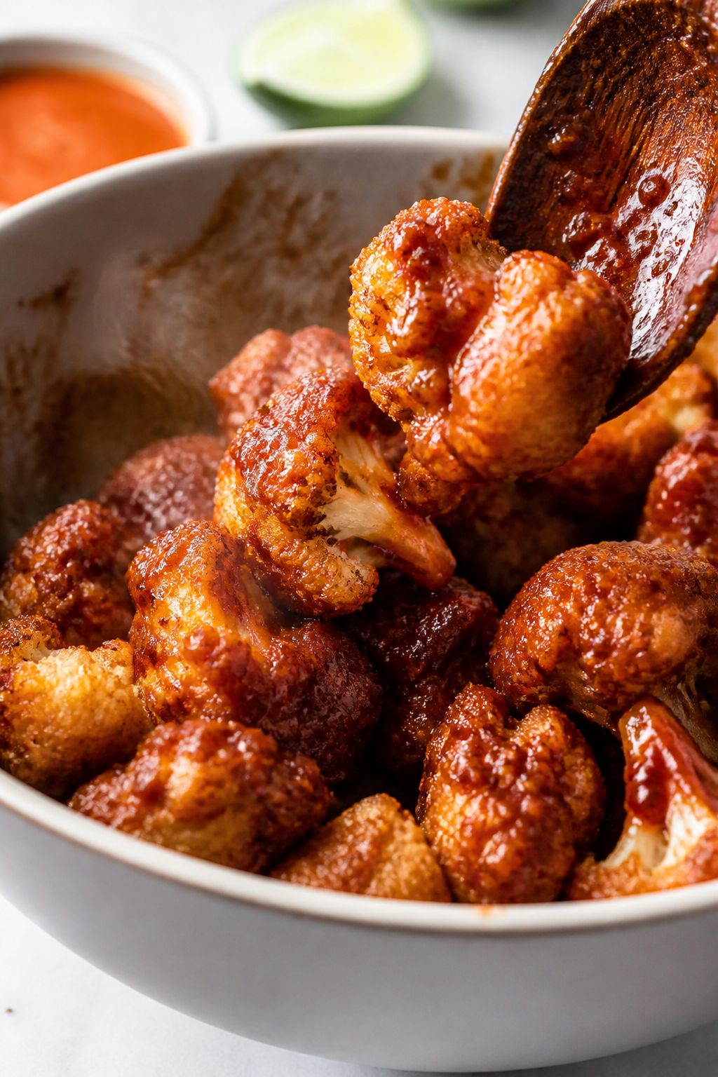 Close-up detail shot: Freshly baked crispy cauliflower florets being tossed in glossy, smoky-sweet B