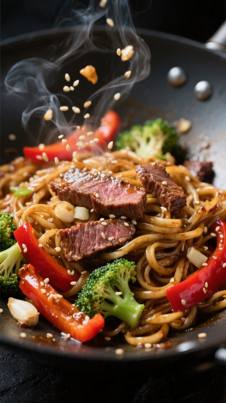 Close-up detail shot: Glossy sesame-garlic beef noodles mid-toss in a hot wok, showing seared, thin-