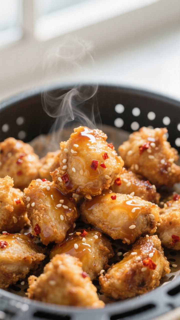 Close-up detail shot: Golden, air-fried honey garlic chicken bites just out of the basket, edges cri