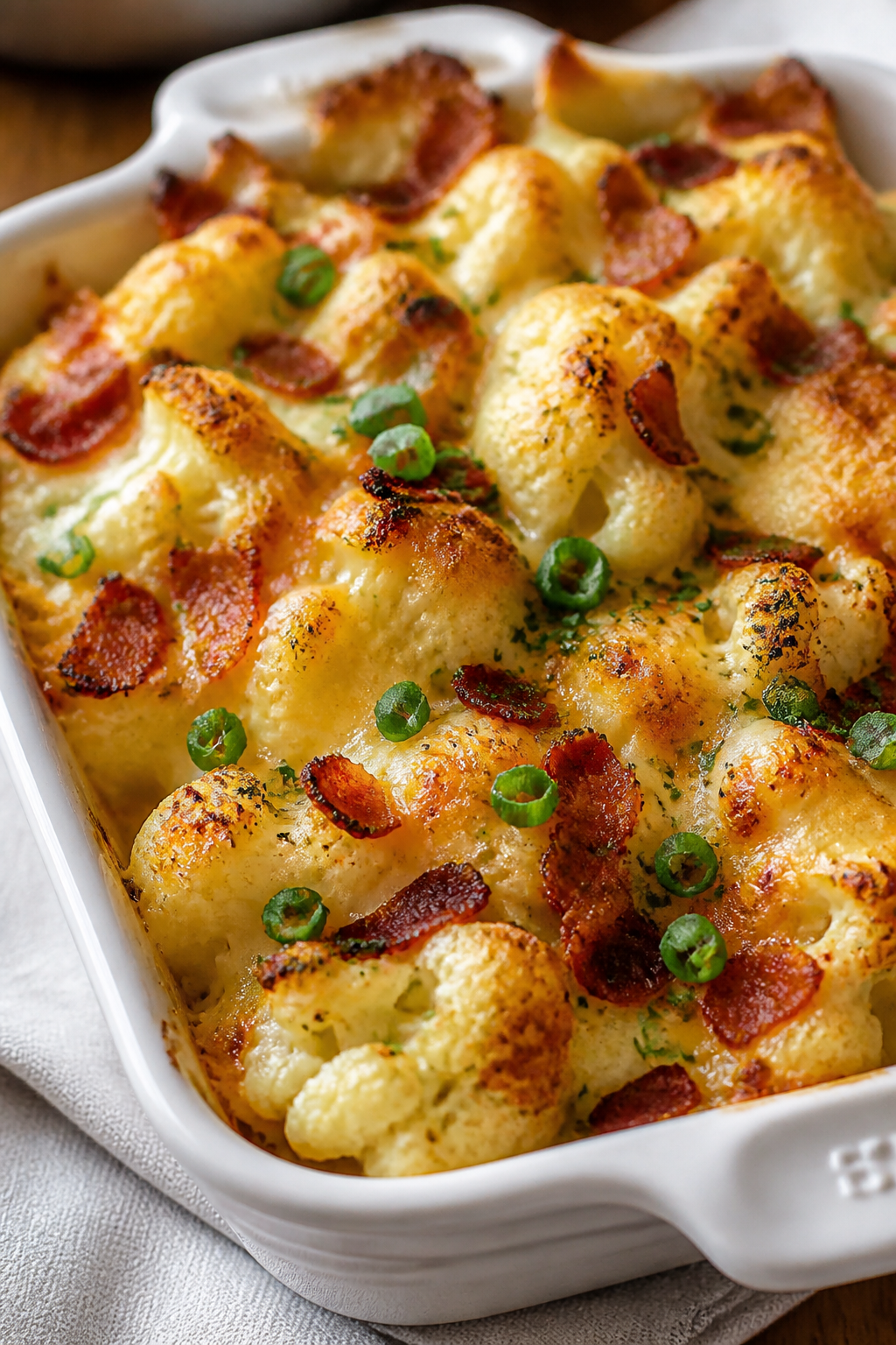Close-up detail shot: Golden, bubbly loaded cauliflower casserole just out of the oven, showing cris