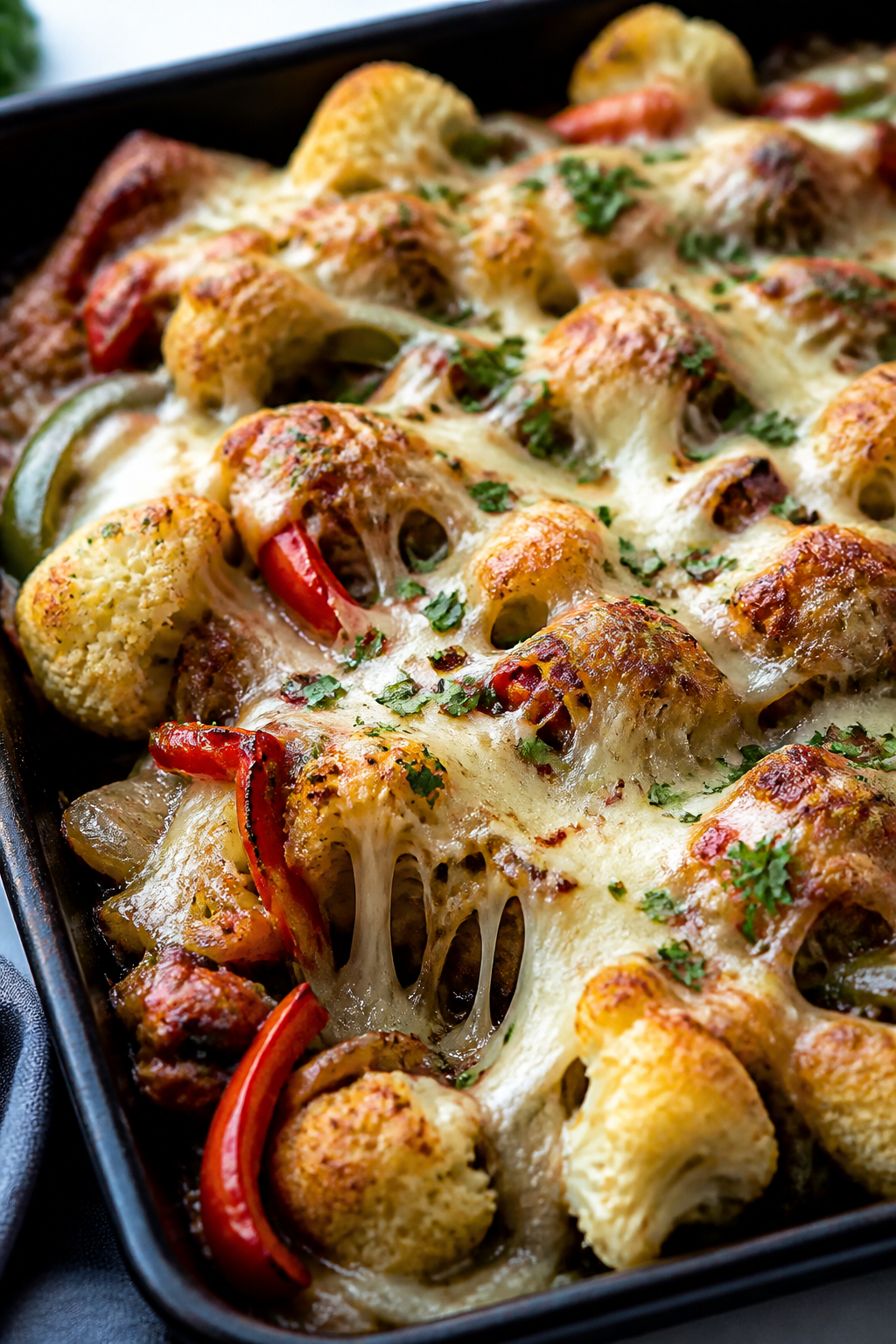 Close-up detail shot: Golden-bubbly Philly Cheesesteak Cauliflower Bake just out of the oven, showin
