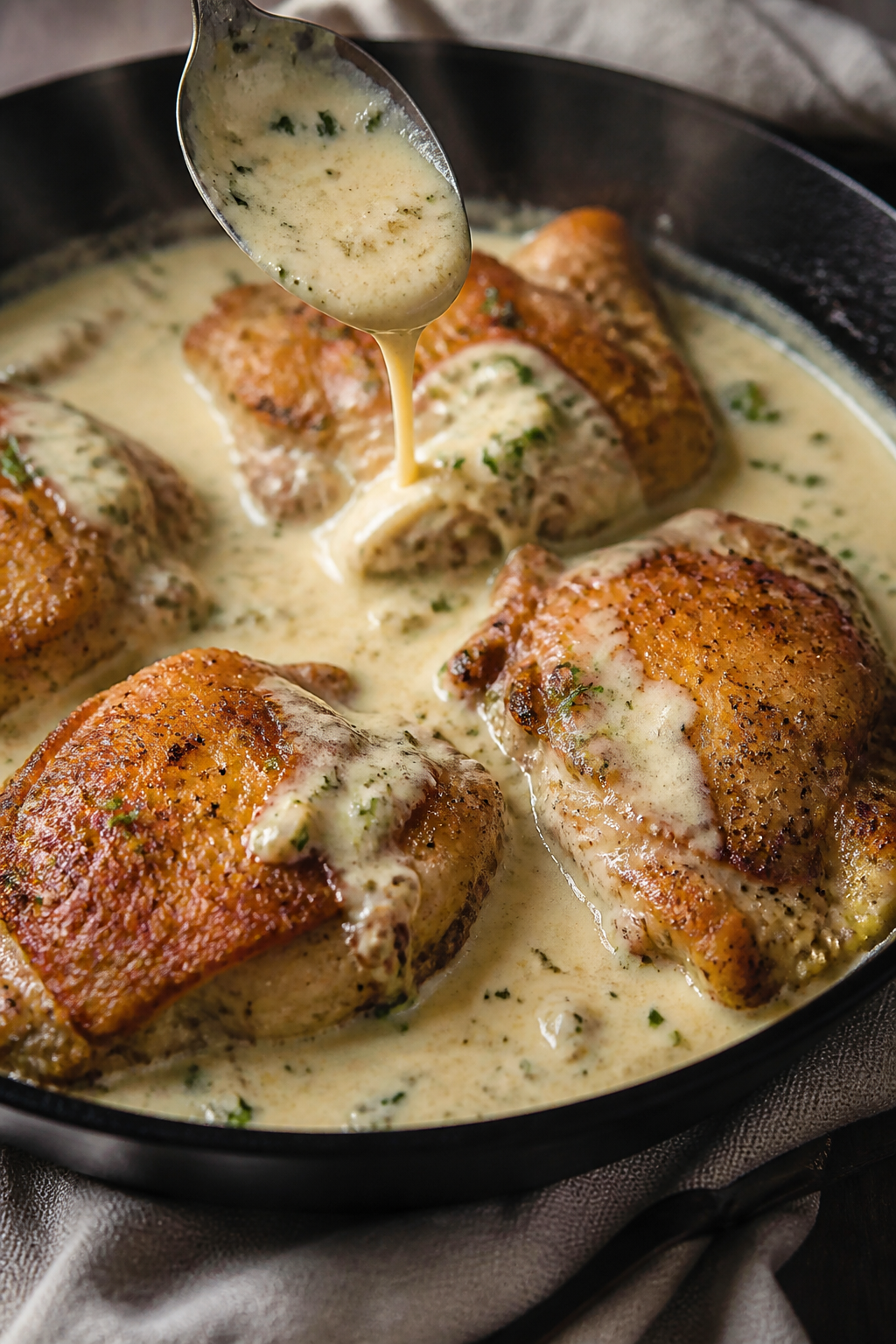 Close-up detail shot: golden, crispy skin-on chicken thighs nestled in a skillet of creamy ranch sau
