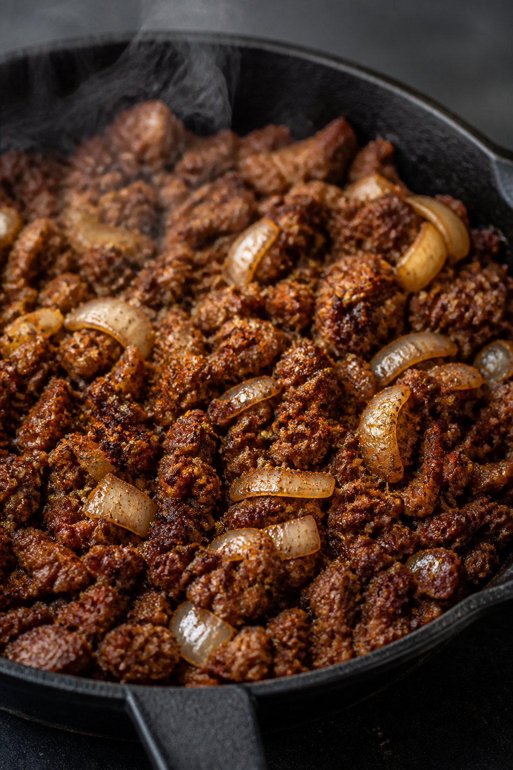 Close-up detail shot of browned ground beef and sautéed onions in a cast-iron skillet, edges of bee