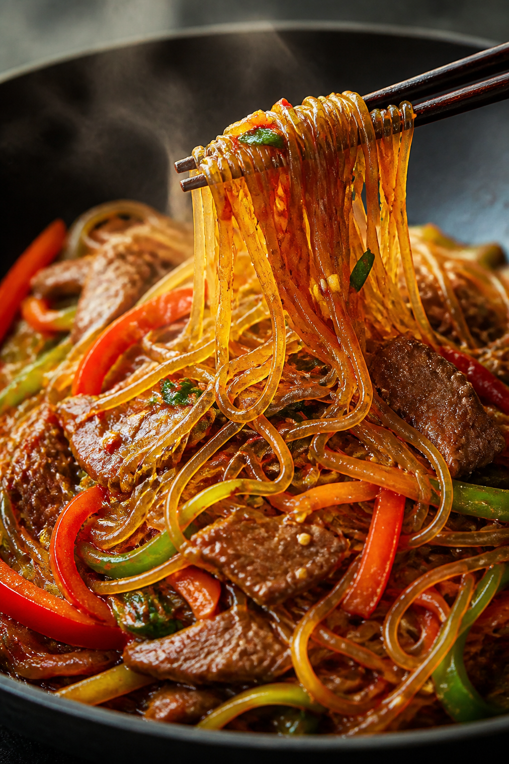 Close-up detail shot of glossy, cooked glass noodles (dangmyeon) being tossed with spicy gochujang-s