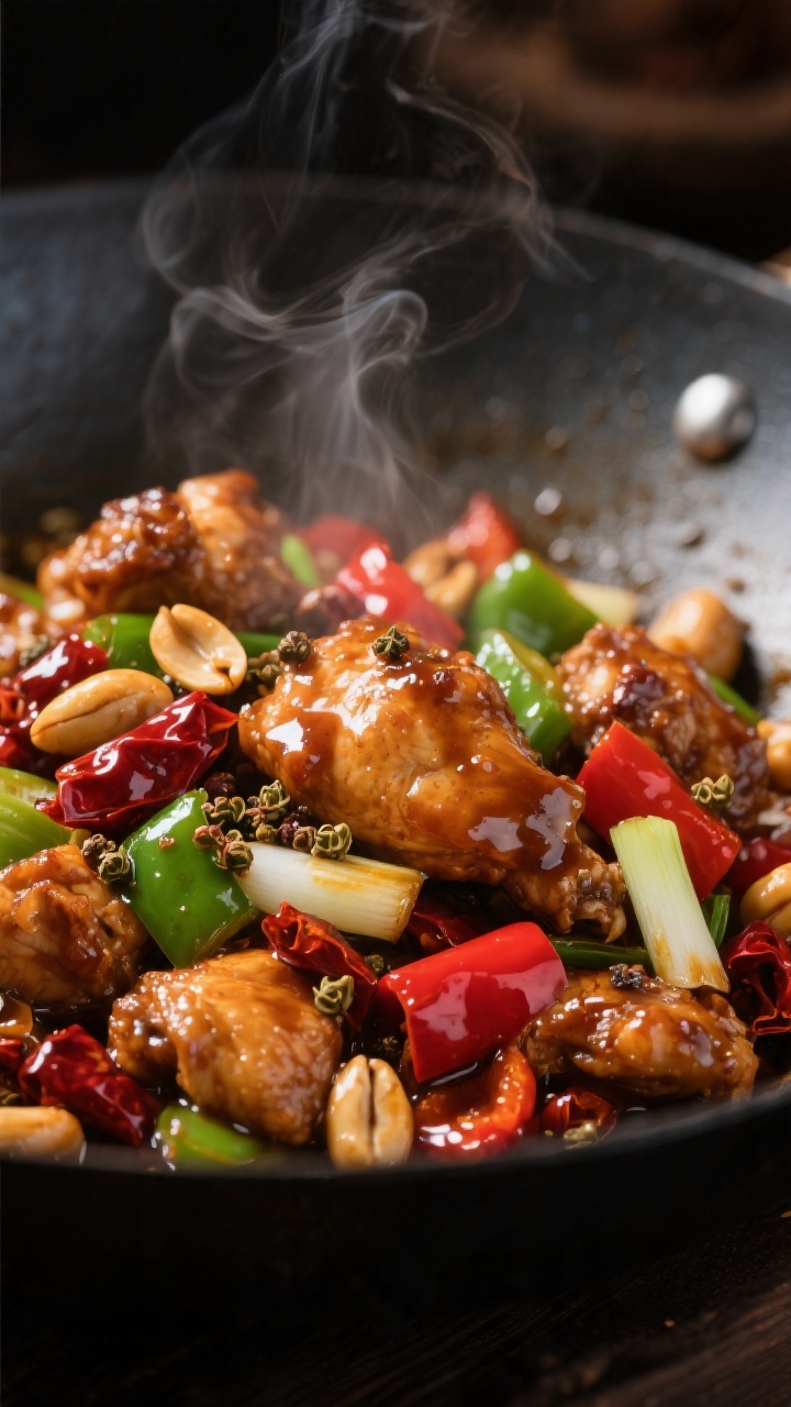 Close-up detail shot of glossy Kung Pao Chicken just after saucing: caramel-brown, lacquered chicken