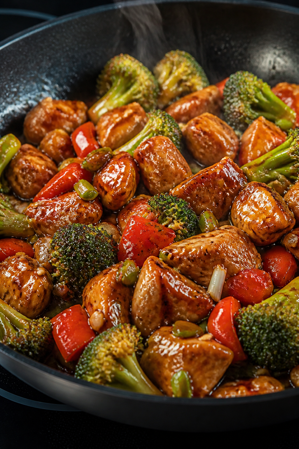 Close-up detail shot of glossy teriyaki chicken and blistered broccoli and red bell pepper in a skil