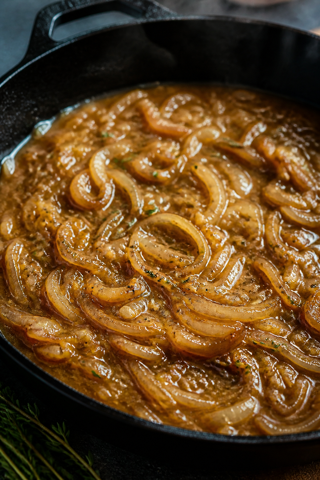 Close-up detail shot of golden, jammy sautéed onions simmering into a silky gravy in a cast-iron sk