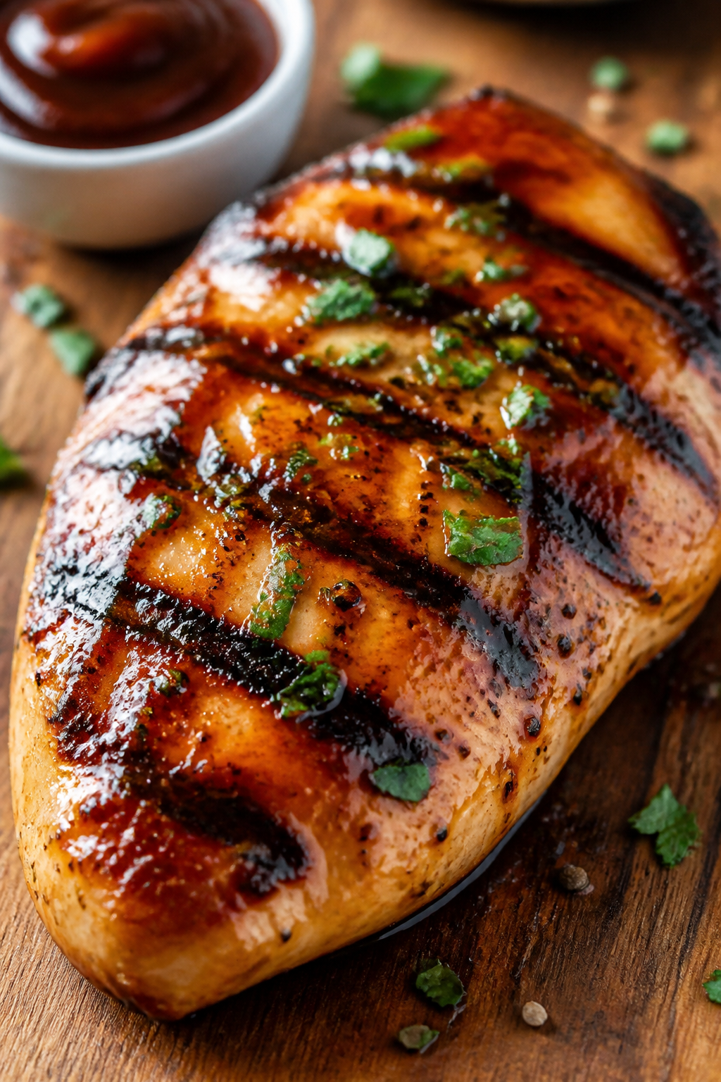 Close-up detail shot of grilled BBQ ranch chicken breast resting on a wooden board, glossy carameliz