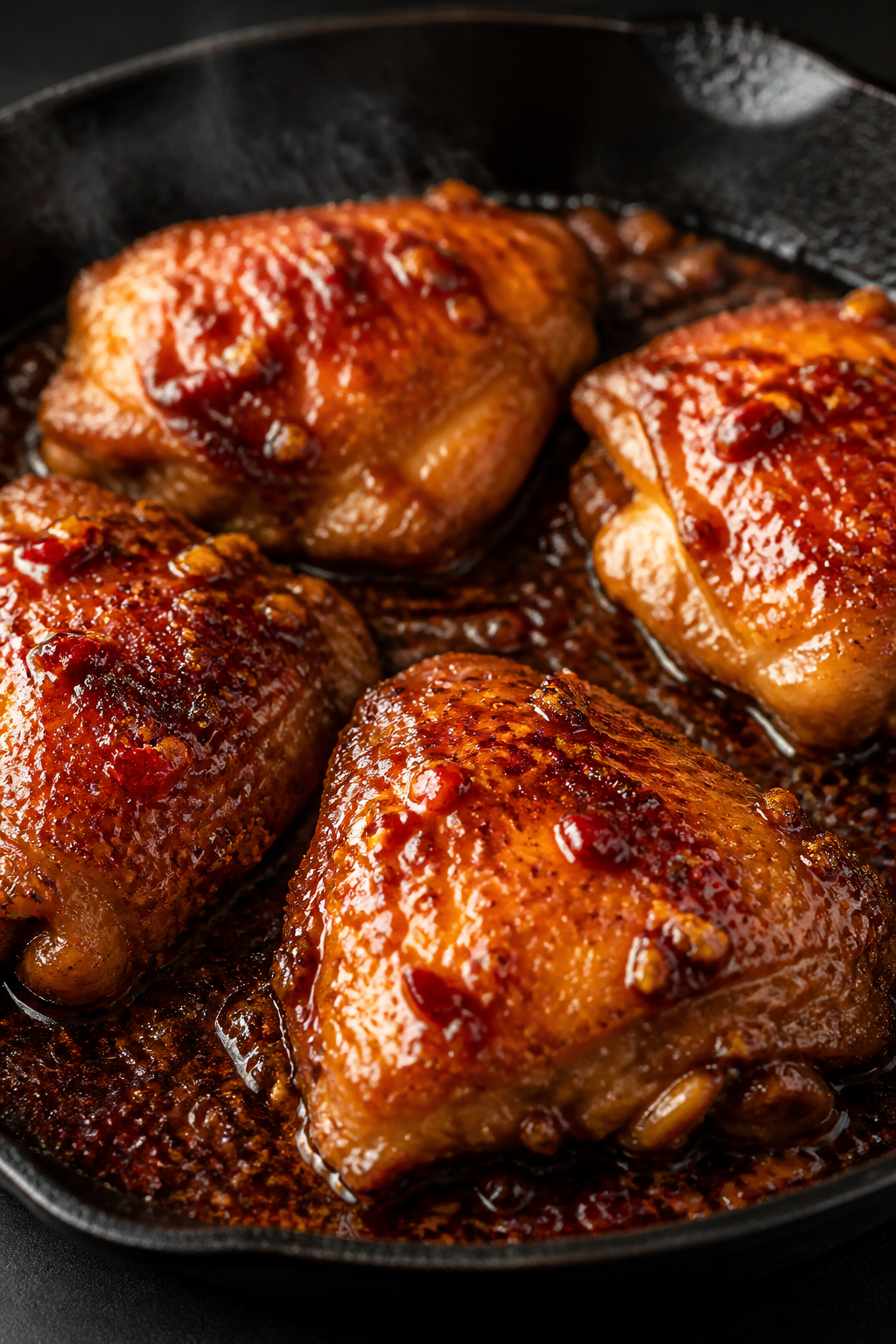 Close-up detail shot of pan-seared sweet chili chicken thighs in a black skillet, skin-side up with 