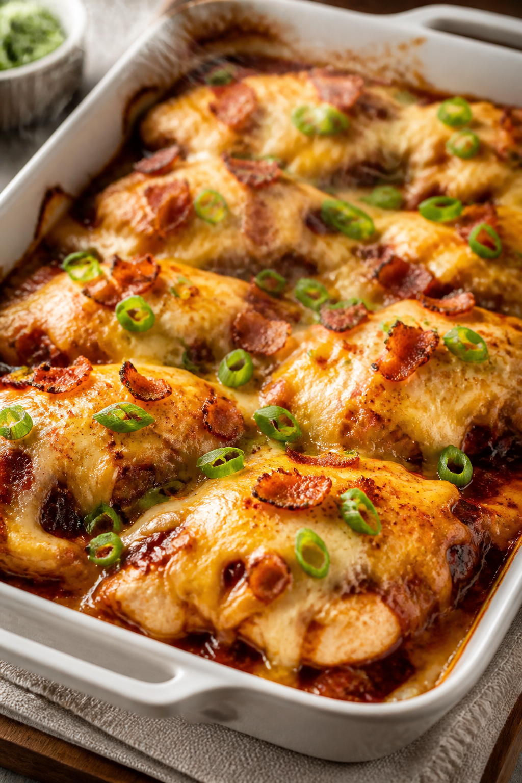 Close-up detail shot of the BBQ Bacon Ranch Chicken Bake just out of the oven: golden, bubbly melted