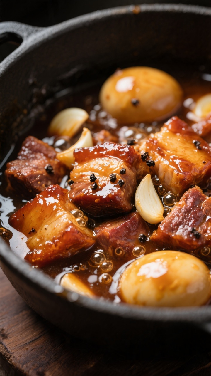 Close-up detail shot of Vietnamese Caramelized Pork mid-simmer: tender pork shoulder chunks lacquere